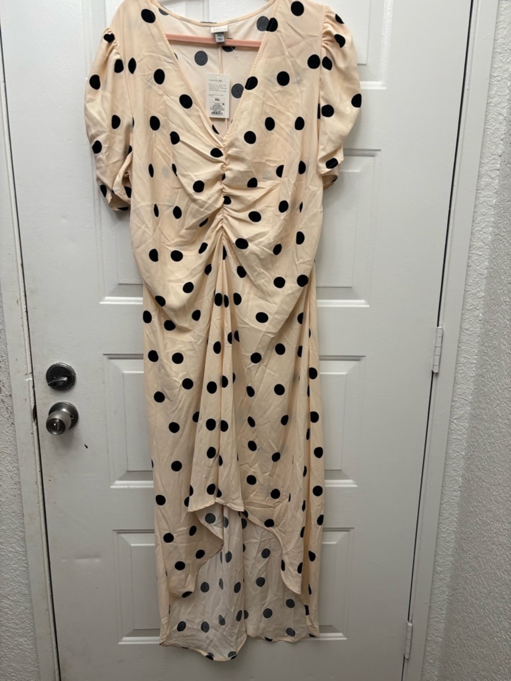 a new day Beige and Black Polka Dot High-Low Ruched Maxi Dress